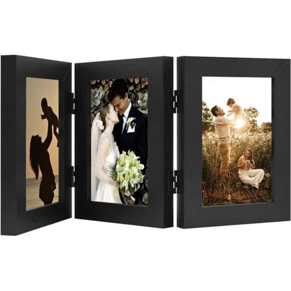 Black trifold 4x6 picture frame with three openings tabletop photo collage displ